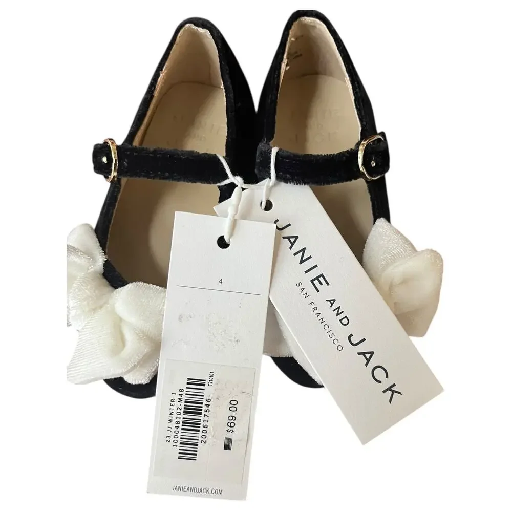 NEW Janie and Jack Black Velvet Mary Jane Shoes w/ Ivory Bow Baby Girl Size 4